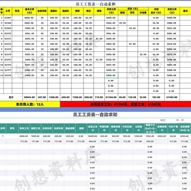 公司员工工资表模板excel电子版职工月份工资发放明细表格工资单 - 图2