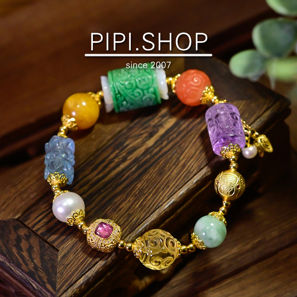 PIPISHOP 天然A货翡翠雕刻路路通925银镀金天然彩宝多宝手串 - 图2