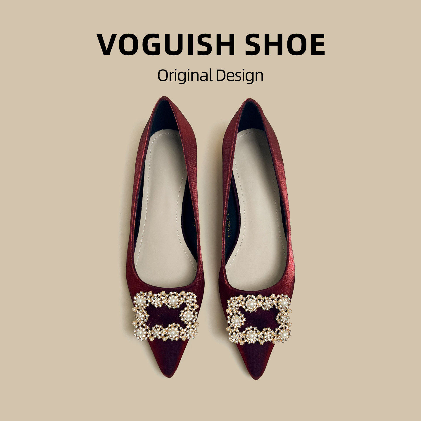 [明星同款]轻奢风酒红色尖头浅口单鞋女水钻方扣平底鞋气质婚鞋结,淘宝优惠券,粉丝福利购,淘宝优惠卷