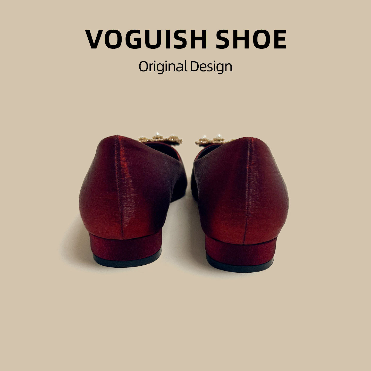 [明星同款]轻奢风酒红色尖头浅口单鞋女水钻方扣平底鞋气质婚鞋结,淘宝优惠券,粉丝福利购,淘宝优惠卷