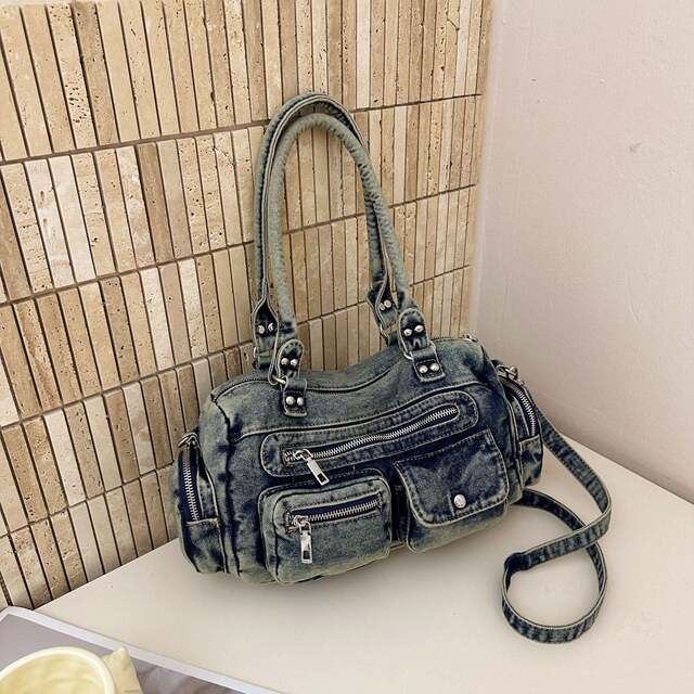 ເອີຣົບແລະອາເມລິກາ denim handbags washed niche rivet design crossbody bag fashionable trendy retro shoulder bag