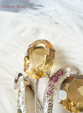 中古回流 900银镶嵌大颗粒天然黄水晶 彩宝花朵造型 胸针 配证书