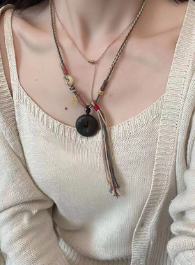 新中式山鬼花钱项链手搓棉线编织沉香平安扣编织绳吊坠项链复古小