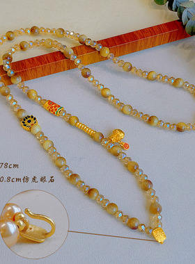 复古唐卡链条可拆卸古法金色葫芦项链长款毛衣链仿虎眼石水晶配饰