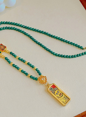 新款民族风配唐卡链条项链仿绿松石黄财神吊坠项链多巴胺配饰品女
