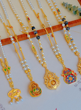 新中式古风莲花长命锁背云项链女珍珠复古风汉服马面裙吊坠配饰品