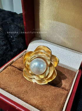 复古轻奢金色花朵珍珠开口戒指