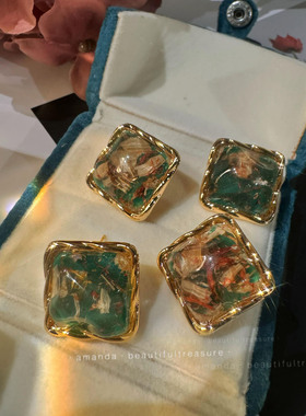 小众复古方形绿宝石耳钉过敏体质