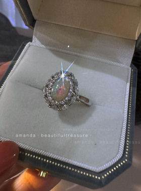 轻奢水钻椭圆蛋白石开口戒指