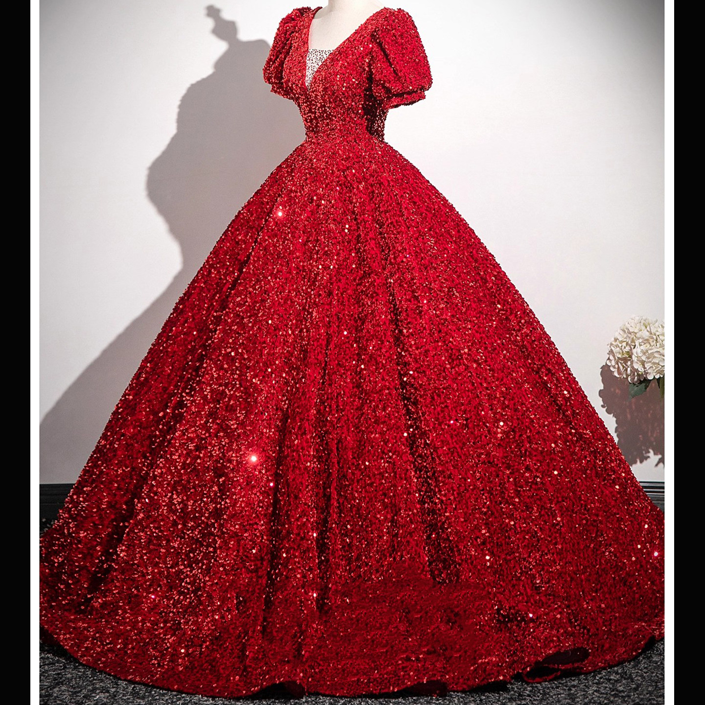 女童礼服高端大气红色亮片短袖V领大裙摆小主持人模特走秀演出服,淘宝优惠券,粉丝福利购,淘宝优惠卷