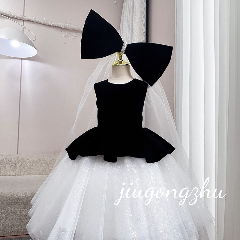 PGBKJA公主裙时尚高级感黑色丝绒拼接网纱长袖礼服儿童小礼服演出,淘宝优惠券,粉丝福利购,淘宝优惠卷