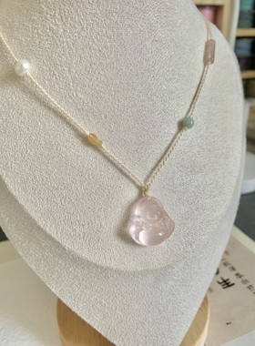 粉水晶佛公手工编绳项链，夏日百搭，实物超级美