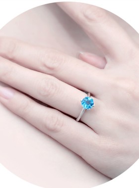 天然蓝托帕石戒指宝石银生日礼物