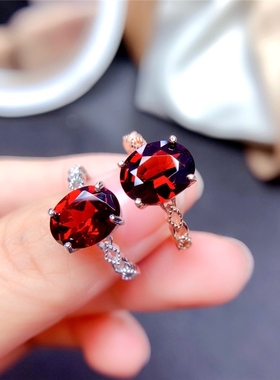 天然石榴石戒指纯银水晶宝石指环女原石彩宝戒面流行饰品首饰礼物