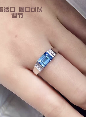 天然蓝托帕石戒指925银镀白金指环女黄水晶彩宝原石戒面网红流行