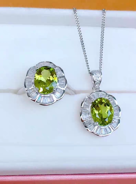 天然橄榄石戒指吊坠套装女925银镀白金彩宝指环戒面网红流行礼物