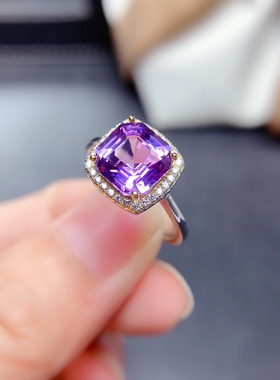 天然紫黄水晶戒指925银镀白金女彩宝指环小清新流行首饰礼物原石