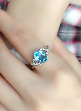 天然托帕石天空蓝戒指女小众设计