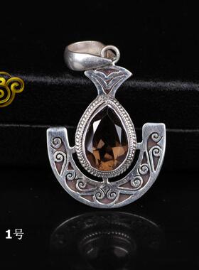 尼泊尔西藏饰品纯银船锚镶嵌吊坠