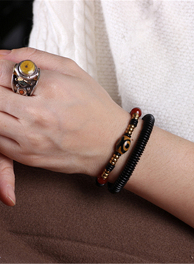 原创三眼天珠民族风黑色个性手链