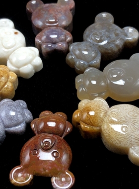 天然珊瑚玉吊坠小熊彩色花菊花玉石雕刻项链特色民族风男女配饰品