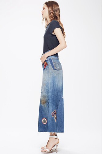 清仓现货 MADEWORN rolling stone 刺绣贴布做旧大A字牛仔长裙女 - 图1