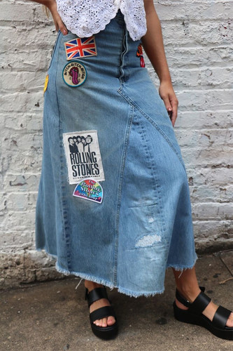 清仓现货 MADEWORN rolling stone 刺绣贴布做旧大A字牛仔长裙女 - 图0