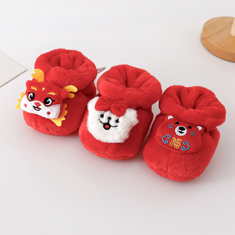 新生儿秋冬季小棉鞋初生儿男女宝宝0-3-6个月1满月红色百日婴儿鞋