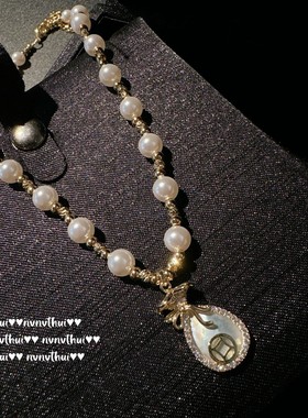 人鱼泪 花生宝石珍珠车花项链 新中式 贝母钱袋锆石贝珠项链 如意