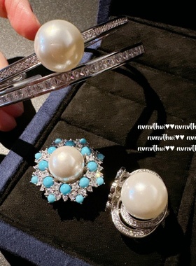 人鱼泪绿松石雪花宝石珍珠戒指