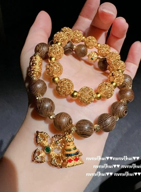 古法金色掐丝锤揲十字花宝塔手链 新中式 八宝瑞祥錾花手链 手镯