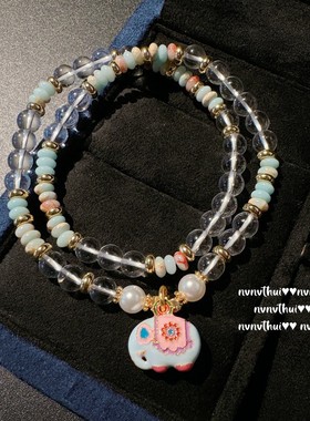 彩虹多巴胺冰翠珠珠吉象项链 水灵水灵 珐琅滴釉小象水晶串珠手链