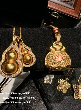 古法金色掐丝锤揲双葫芦吊坠项链 新中式 八宝瑞祥錾花青金石手串