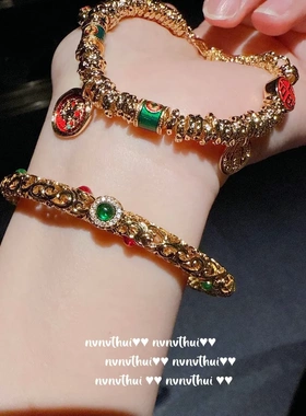 古法金色 花丝如意彩宝玉髓手镯 新中式 铃铛葫芦盘缠手串 套装