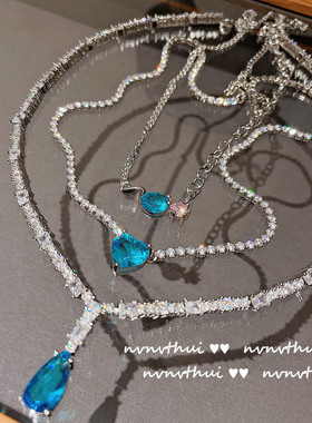 璀璨发光海蓝水滴宝石项链 镀18K金雪花微镶锆竹节星河项圈 爱心