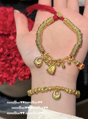 织纹雕金锤纹珐琅圈圈手链 古董感 镀18K金 坨坨铃铛盘缠吊坠手镯