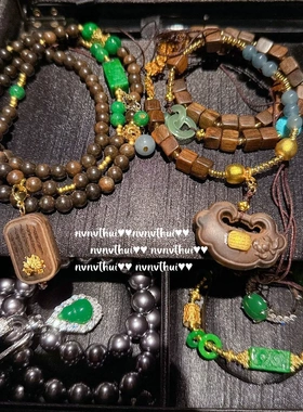 珠宝 翡翠辣绿雕花富甲一方盘缠手链 新中式 沉香福珠平安扣项链