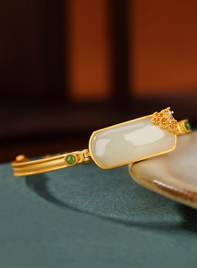 山予棠S925纯银镀金和田玉碧玉新中式简约无事牌手镯气质百搭手链