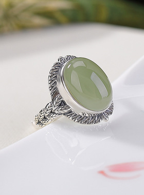 山予棠天然和田玉S925纯银晴水玉蛋面麦穗民族风椭圆复古指环戒指