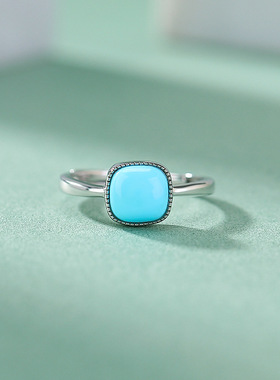 山予棠绿松石S925纯银方糖齿纹简约几何日常通勤戒指