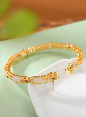 山予棠S925纯银镀金南红和田玉复古国风唐草纹镂空无事牌手镯手环