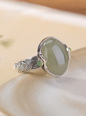 山予棠S925纯银天然和田玉晴水玉如意编织麻花蛋面开口银戒指指环