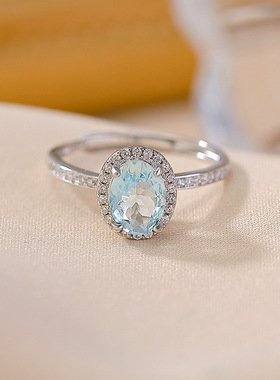 山予棠S925纯银海蓝宝戒指气质轻奢通勤百搭蛋面切面女士开口指环