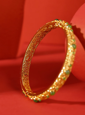 山予棠S925纯银镀金和田玉碧玉复古吉祥如意圆珠手镯传承款女手环
