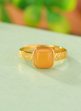 山予棠S925纯银镀金蜜蜡复古轻奢时尚方形戒指气质简约几何银指环