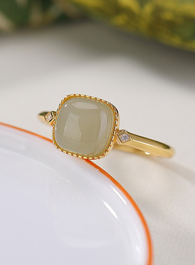 山予棠S925纯银镀金和田玉晴水玉蜜蜡复古简约几何方形戒指银指环