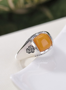 山予棠S925纯银和田晴水玉蜜蜡戒指复古做旧唐草纹几何方形银指环