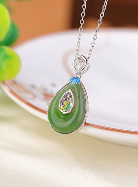 山予棠S925纯银镀金和田玉碧玉复古景泰蓝水滴竹节竹叶吊坠银挂坠