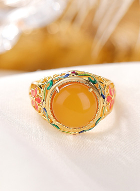 山予棠S925纯银镀金蜜蜡珐琅镂空花朵戒指国潮宫廷风复古优雅指环