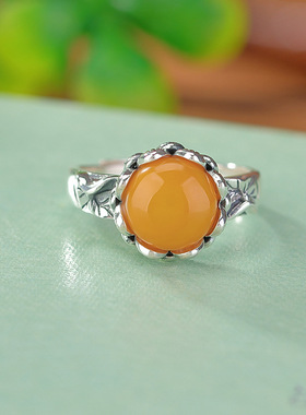 山予棠S990足银蜜蜡复古做旧新中式荷叶荷花圆形戒指国风莲花指环